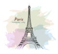 Hand drawn Eiffel Tower. Paris. Sketch tower with colofrul background. Royalty Free Stock Photo