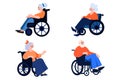 Hand Drawn Elderly character sitting in a wheelchair in flat style