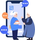 Hand Drawn Elderly characters talk through smartphones in flat style