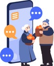 Hand Drawn Elderly characters talk through smartphones in flat style