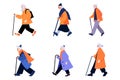 Hand Drawn Elderly characters walk with canes in flat style