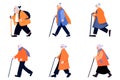 Hand Drawn Elderly characters walk with canes in flat style