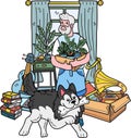 Hand Drawn Elderly cleaning the room with the dog illustration in doodle style Royalty Free Stock Photo