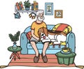 Hand Drawn Elderly man sitting with Beagle Dog illustration in doodle style