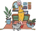 Hand Drawn Elderly play with cat illustration in doodle style
