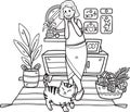 Hand Drawn Elderly play with cat illustration in doodle style
