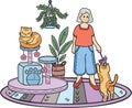 Hand Drawn Elderly play with cat illustration in doodle style