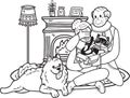 Hand Drawn Elderly play with dogs and cats illustration in doodle style