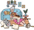 Hand Drawn Elderly play with dogs and cats illustration in doodle style