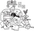 Hand Drawn Elderly play with dogs and cats illustration in doodle style