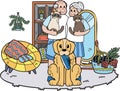 Hand Drawn Elderly play with dogs and cats illustration in doodle style