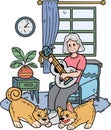 Hand Drawn Elderly playing guitar with dog illustration in doodle style Royalty Free Stock Photo