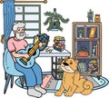 Hand Drawn Elderly playing guitar with dog illustration in doodle style Royalty Free Stock Photo