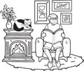 Hand Drawn Elderly reading a book with a cat illustration in doodle style