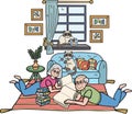 Hand Drawn Elderly reading a book with a cat illustration in doodle style