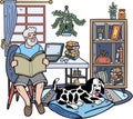 Hand Drawn Elderly reading a book with a dog illustration in doodle style