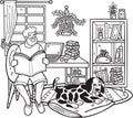 Hand Drawn Elderly reading a book with a dog illustration in doodle style