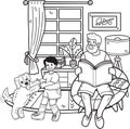 Hand Drawn Elderly reading a book with a dog illustration in doodle style