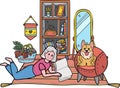 Hand Drawn Elderly reading a book with a dog illustration in doodle style