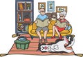 Hand Drawn Elderly reading books with dogs and cats illustration in doodle style