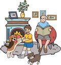 Hand Drawn Elderly reading books with dogs and cats illustration in doodle style