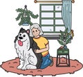 Hand Drawn Elderly sitting with the dog illustration in doodle style