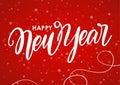 Hand drawn elegant modern brush type lettering of Happy New Year on red snowflakes background.