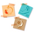 Hand drawn elements for Rosh Hashanah Jewish New Year with text. Set of stickers for decoration Rosh Hashanah symbols.