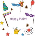 Hand drawn elements set for Jewish holiday Purim: carnival masks and hats, traditional Hamantaschen cookies Royalty Free Stock Photo