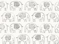Hand drawn elephant pattern. Doodle elephant silhouette line drawing. Vector seamless background in black and ivory. Royalty Free Stock Photo