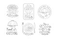 Hand drawn emblems for catering services. Monochrome vector logos with tasty food, hands with trays and calligraphic