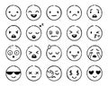 Hand drawn emoji. Doodle emoticons, smile face sketch and grunge ink brush emojis doodles vector set