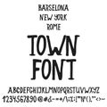 Hand drawn english lettering Town alphabet with examples of this font. Modern ink brush handwritten letters isolated on the white