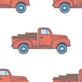 Hand drawn Engraved Retro Vintage Pickup Truck Seamless Pattern. Vector