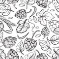 Hand drawn engraving style Hops Seamless pattern. Royalty Free Stock Photo