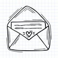 Hand drawn envelope with documents. Outline icon. Sketch style. Checkered background Royalty Free Stock Photo