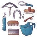 Hand drawn equestrian equipment collection Vector. Horse care accessories.
