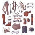 Hand drawn equestrian equipment collection Vector. Jumping accessories. Sports gear.