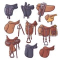 Hand drawn equestrian equipment collection Vector. Various types of saddles. Royalty Free Stock Photo