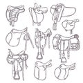 Hand drawn equestrian equipment collection Vector. Various types of saddles. Royalty Free Stock Photo