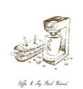 Hand Drawn of Espresso Coffee Machine with Baguette Sandwich