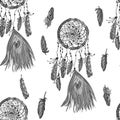 Hand drawn ethnic dreamcatcher monochrome seamless pattern. Royalty Free Stock Photo