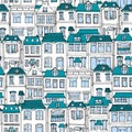 Hand drawn European city houses seamless pattern. Cute cartoon style vector illustration. Colorful Modern townhouse building sketc