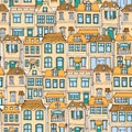 Hand drawn European city houses seamless pattern. Cute cartoon style vector illustration. Colorful Modern townhouse building sketc