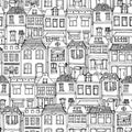 Hand drawn European city houses seamless pattern. Cute cartoon style vector illustration. Modern townhouse building sketch. City b