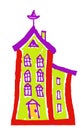 Hand drawn European old fabled house. Colorful sketch marker art.