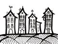 Hand drawn European old fabled street houses set. Black ink silhouette sketch art.