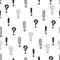 Hand drawn exclamation, question mark seamless pattern. Scribble doodle exclamation point sign background. Hand drawn