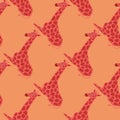 Hand drawn exotic animals seamless pattern with giraffes. Africa zoo backdrop in coral and pink tones