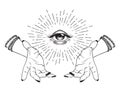 Hand-drawn Eye of Providence in hands of witch, all seeing eye, conspiracy theory, alchemy, religion, spirituality, print or tatto
